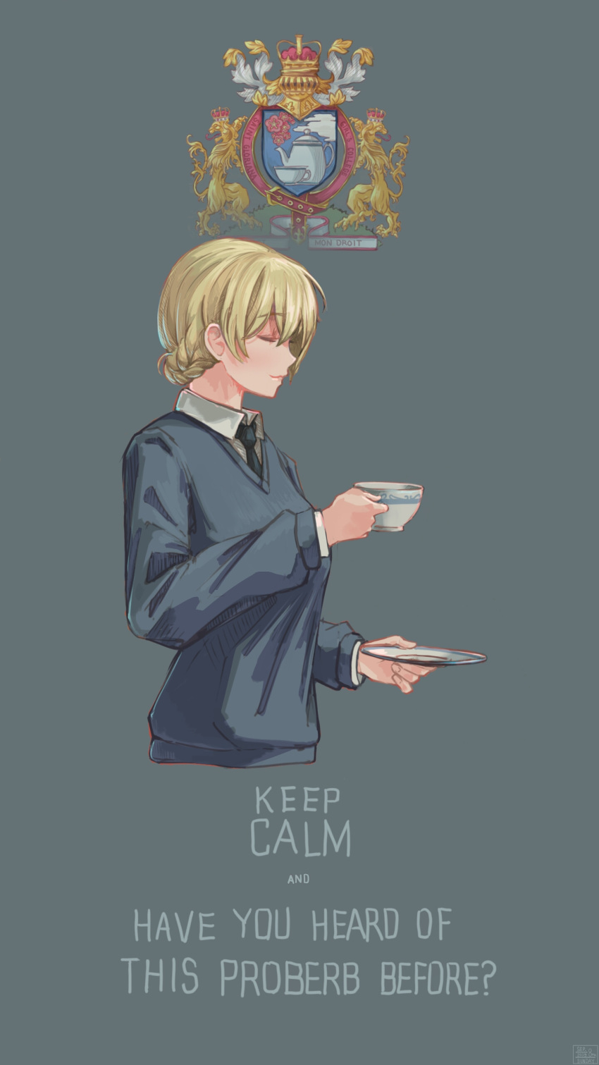 1girl absurdres bangs black_neckwear blonde_hair blue_sweater braid catchphrase closed_eyes closed_mouth commentary cropped_torso cup darjeeling_(girls_und_panzer) dated dress_shirt emblem english_text eyebrows_visible_through_hair girls_und_panzer grey_background heraldry highres holding holding_cup holding_saucer keep_calm_and_carry_on latin_text long_sleeves necktie saucer school_uniform shirt short_hair simple_background smile solo st._gloriana's_(emblem) st._gloriana's_school_uniform sweater teacup tied_hair twin_braids useless v-neck white_shirt wing_collar