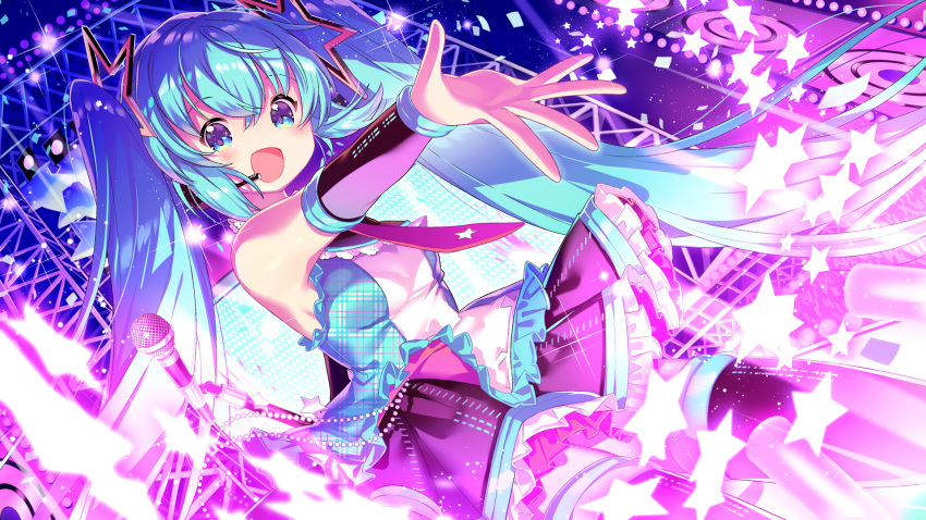 1girl :d bangs bare_shoulders black_skirt black_sleeves blue_eyes blue_hair commentary_request detached_sleeves dutch_angle eyebrows_visible_through_hair frilled_skirt frills hair_between_eyes hair_ornament hatsune_miku headset highres ikari_(aor3507) long_hair long_sleeves looking_at_viewer microphone microphone_stand necktie open_mouth outstretched_arm pleated_skirt red_neckwear shirt skirt sleeveless sleeveless_shirt smile solo star star_cutout star_hair_ornament twintails very_long_hair vocaloid white_shirt