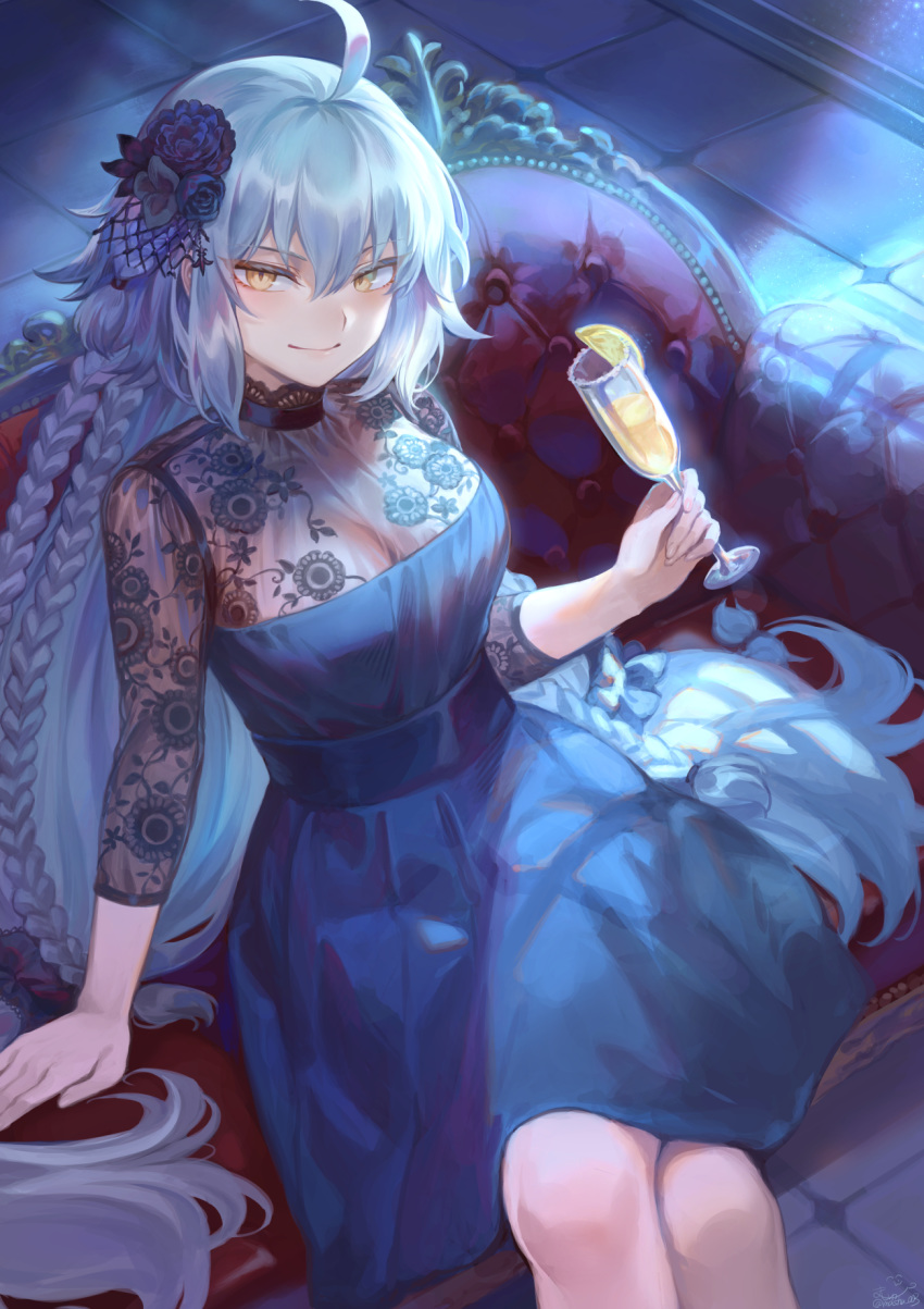 1girl ahoge bangs blue_dress braid breasts closed_mouth cup dress drinking_glass fate/grand_order fate_(series) hair_between_eyes highres jeanne_d'arc_(alter)_(fate) jeanne_d'arc_(fate)_(all) large_breasts long_hair looking_at_viewer mashuu_(neko_no_oyashiro) silver_hair sitting smile solo yellow_eyes