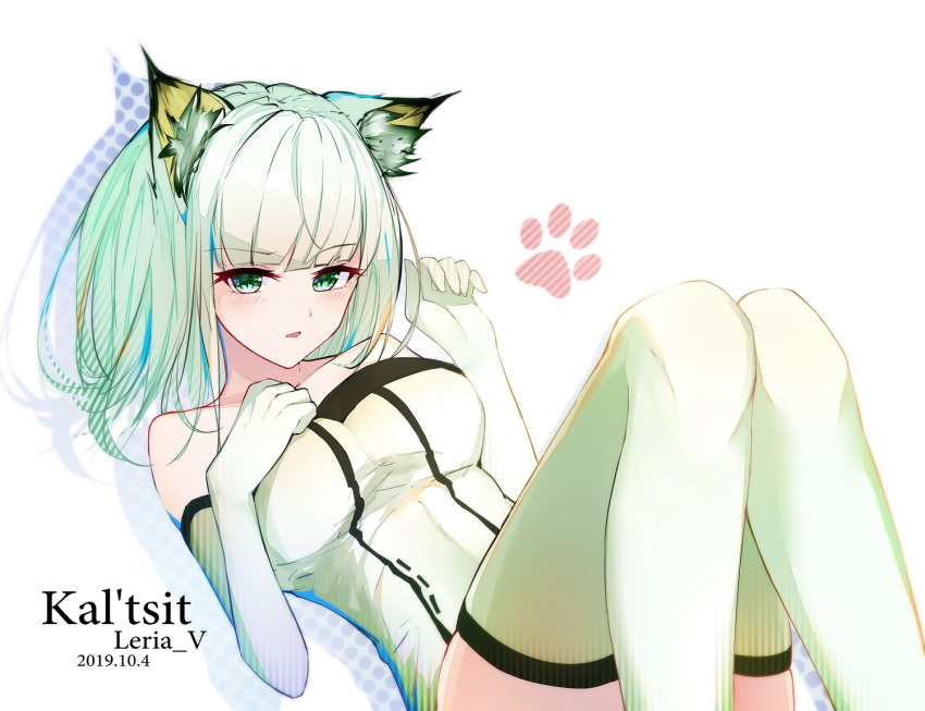 1girl animal_ear_fluff animal_ears arknights artist_name bare_shoulders blush breasts cat_ears character_name chinese_commentary dated dress elbow_gloves eyebrows_visible_through_hair fang gloves green_dress green_eyes green_gloves green_hair green_legwear hand_on_own_chest kal'tsit large_breasts leria_v looking_at_viewer lying off-shoulder_dress off_shoulder on_back open_mouth parted_lips short_hair silhouette solo thigh-highs thighs