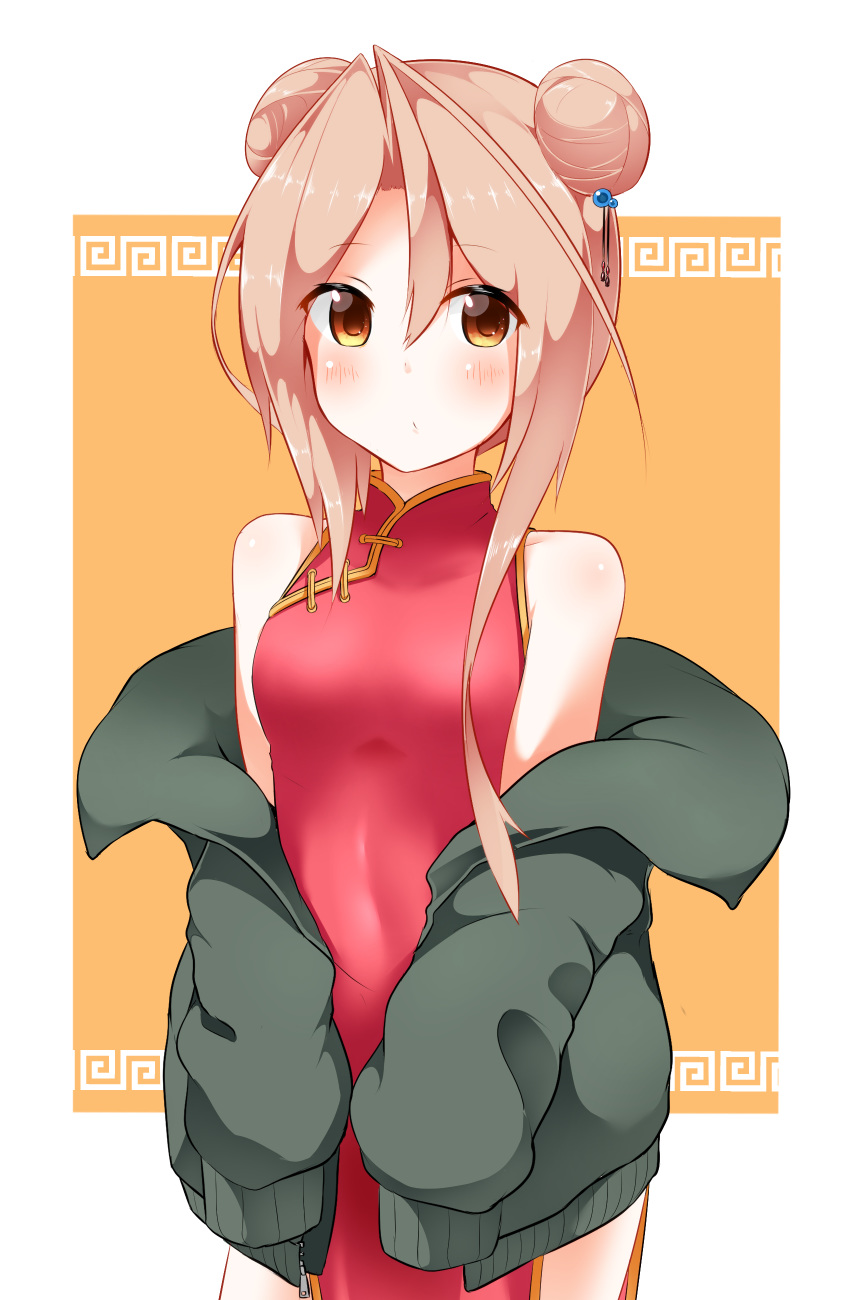 1girl absurdres alternate_hairstyle blush breasts brown_eyes brown_hair china_dress chinese_clothes double_bun dress eyebrows_visible_through_hair green_jacket hair_between_eyes hair_bun hair_ornament highres jacket kantai_collection long_hair long_sleeves looking_at_viewer open_clothes open_jacket pia_(botamochinjufu) red_dress small_breasts smile solo zuihou_(kantai_collection)