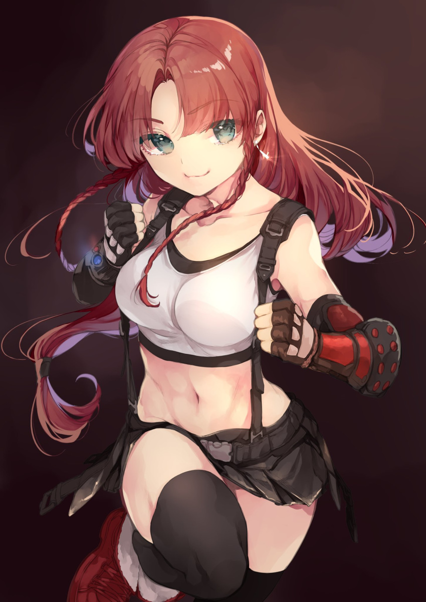 1girl bangs black_skirt braid breasts clenched_hands collarbone commentary_request cosplay crop_top elbow_pads eyebrows_visible_through_hair fingerless_gloves gloves green_eyes highres hong_meiling long_hair looking_at_viewer low-tied_long_hair midriff miniskirt navel red_footwear redhead risui_(suzu_rks) shoes skirt smile solo suspender_skirt suspenders tank_top tifa_lockhart tifa_lockhart_(cosplay) touhou twin_braids