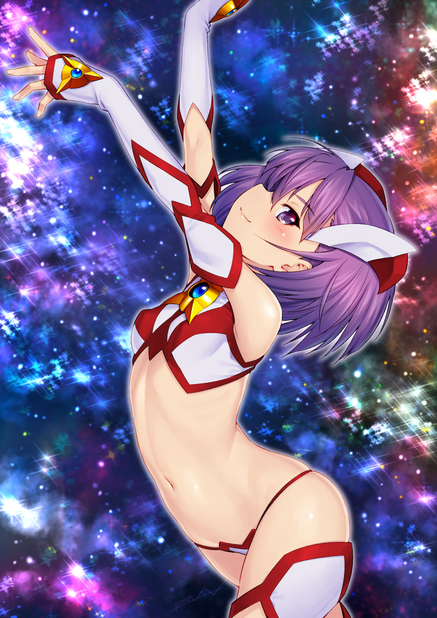 1girl arched_back arms_up bangs bare_shoulders bikini blush breasts closed_mouth cosplay covered_nipples crop_top detached_sleeves elbow_gloves eyebrows_visible_through_hair fate/grand_order fate_(series) from_side gem gloves gold_trim hair_between_eyes hat helena_blavatsky_(fate/grand_order) helena_blavatsky_(swimsuit_archer)_(fate) highres kazuma_muramasa long_sleeves looking_at_viewer looking_to_the_side midriff navel profile purple_hair short_hair skindentation sleeves_past_wrists small_breasts smile solo sparkle stomach swimsuit thigh-highs violet_eyes white_legwear