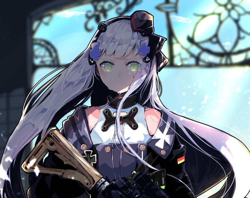 1girl assault_rifle blurry blurry_background closed_mouth crying crying_with_eyes_open facial_mark german_flag girls_frontline green_eyes gun h&amp;k_hk416 hair_ornament hairband hat highres hk416_(girls_frontline) holding holding_weapon jacket long_hair looking_at_viewer open_clothes open_jacket rifle sena_yuuta shadow silver_hair solo teardrop tears weapon