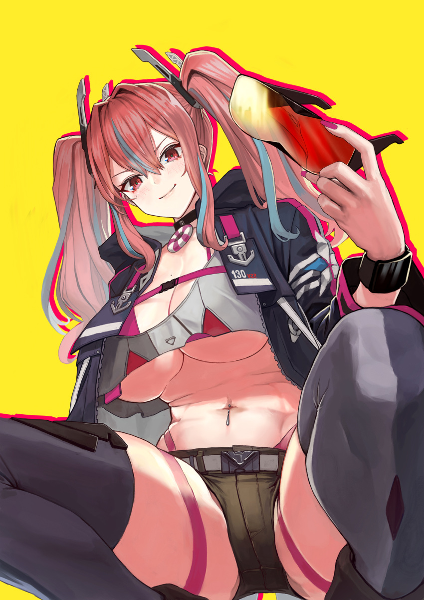 1girl azur_lane black_choker black_legwear breasts bremerton_(azur_lane) choker closed_mouth green_shorts hair_between_eyes highres holding holding_eyewear large_breasts looking_at_viewer medium_hair nail_polish navel navel_piercing neko61 piercing pink_nails red_eyes redhead shorts simple_background smile squatting sunglasses thigh-highs twintails yellow_background