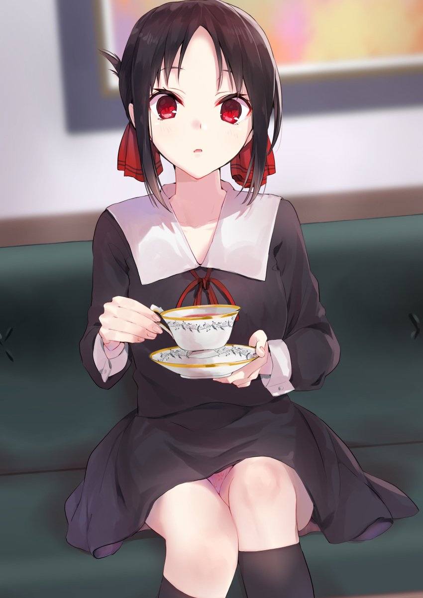 1girl absurdres black_dress black_hair black_legwear blurry blurry_background blush collared_dress commentary_request cup depth_of_field dress feet_out_of_frame floral_print folded_ponytail hair_ribbon highres holding holding_cup holding_saucer indoors kaguya-sama_wa_kokurasetai_~tensai-tachi_no_renai_zunousen~ kneehighs long_sleeves looking_at_viewer neck_ribbon panties parted_lips pink_panties print_panties red_eyes red_ribbon ribbon school_uniform shinomiya_kaguya sidelocks sitting solo tea teacup tomozero underwear