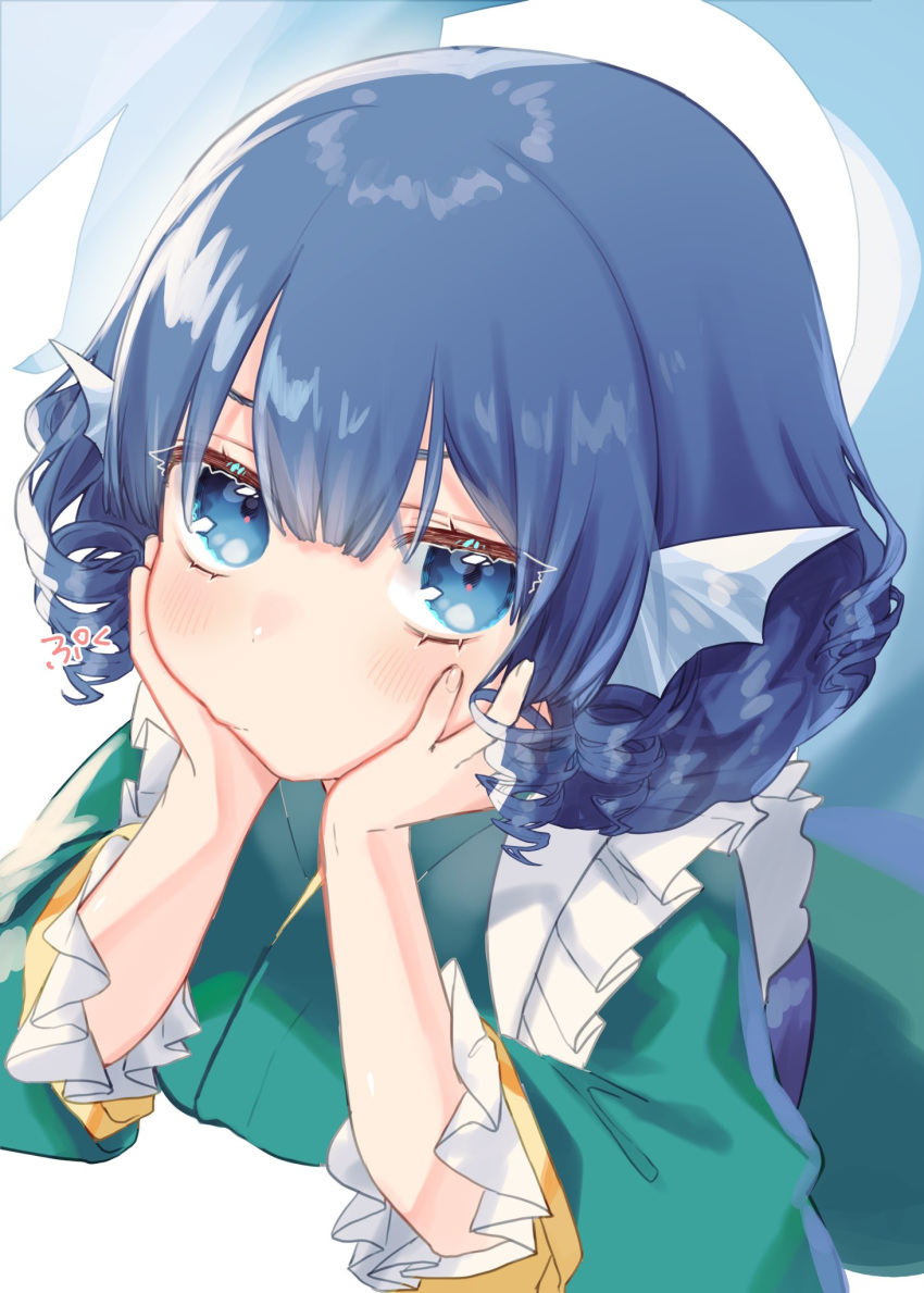 1girl bangs blue_eyes blue_hair blush commentary drill_hair frilled_sleeves frills green_kimono hair_between_eyes hands_up head_fins head_rest highres japanese_clothes kimono long_sleeves looking_at_viewer mokokiyo_(asaddr) short_hair solo symbol_commentary touhou wakasagihime