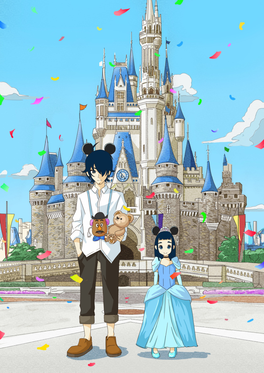 1boy 1girl absurdres black_hair black_pants blue_dress blue_footwear brown_footwear castle child cinderella_(disney) cinderella_(disney)_(cosplay) confetti cosplay day disney disneyland dress flag goto_hime goto_kakushi hair_over_one_eye hasbro highres holding holding_stuffed_animal kakushigoto long_sleeves mickey_mouse_ears mr._potato_head outdoors pants paruko50 pixar shirt shoes standing stuffed_animal stuffed_toy teddy_bear toy_story white_shirt