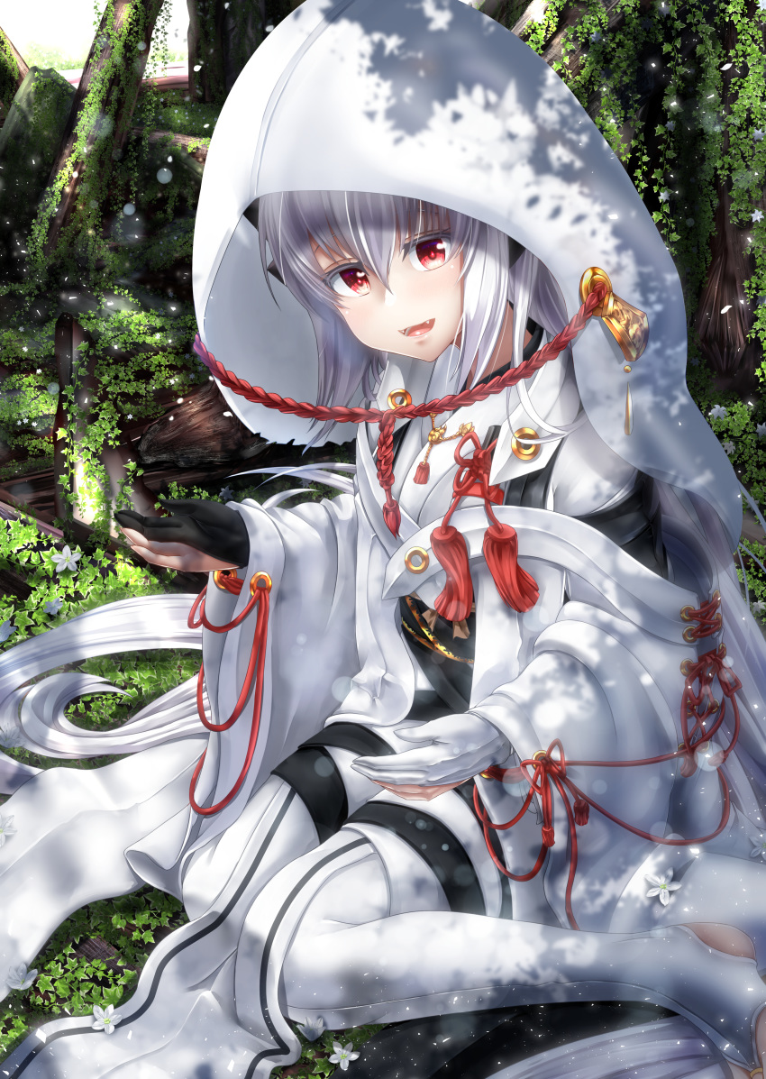 1girl absurdres alternate_costume black_gloves dragon_girl dragon_horns fate/grand_order fate_(series) gloves grey_hair highres hooded horns huge_filesize japanese_clothes kimono kiyohime_(fate/grand_order) long_hair multiple_horns outdoors partly_fingerless_gloves red_eyes sitting solo thigh-highs totororo wariza white_gloves white_legwear wide_sleeves