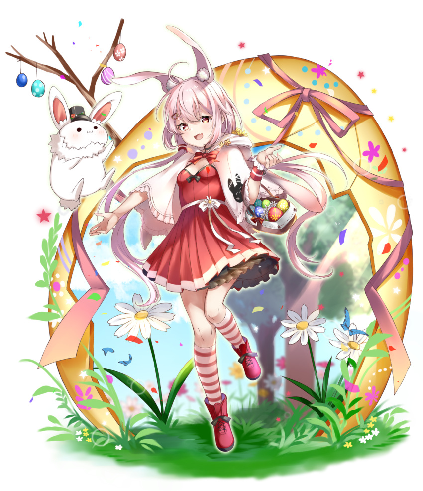 1girl :d animal animal_ear_fluff animal_ears bangs basket black_headwear blush boots bow breasts bug butterfly capelet clothed_animal commentary_request day dress easter easter_egg egg eyebrows_behind_hair fang flower frilled_capelet frills grass hair_between_eyes hat highres hood hood_down hooded_capelet insect kneehighs long_hair looking_at_viewer low_twintails mashiro_aa mini_hat mini_top_hat open_mouth petals pink_hair pleated_dress rabbit rabbit_ears red_bow red_dress red_eyes red_footwear single_wrist_cuff small_breasts smile solo standing standing_on_one_leg star striped striped_legwear thick_eyebrows tomari_mari tomari_mari_channel top_hat tree twintails very_long_hair virtual_youtuber white_background white_capelet white_flower wrist_cuffs