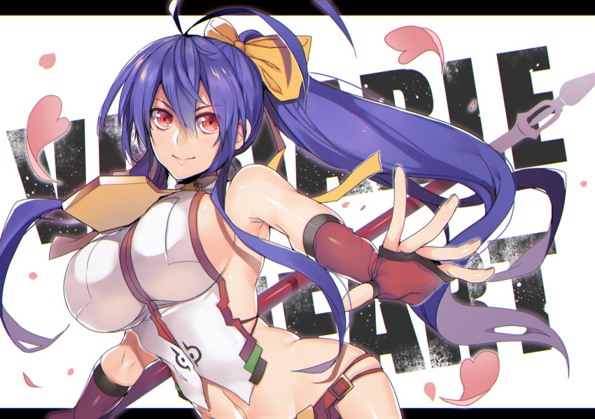 1girl antenna_hair bare_shoulders blazblue blazblue:_central_fiction blue_hair bow breasts fingerless_gloves gloves hair_between_eyes hair_bow hair_ribbon holding holding_weapon large_breasts long_hair mai_natsume polearm ponytail red_gloves ribbon sideboob sidelocks smile solo spear uzukinoko very_long_hair violet_eyes weapon yellow_bow