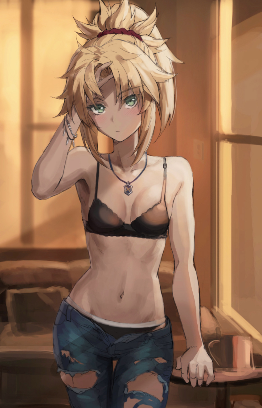 1girl bangs bare_shoulders bead_bracelet beads black_bra black_panties blue_pants bra bracelet braid breasts closed_mouth collarbone denim fate/apocrypha fate_(series) french_braid green_eyes hair_ornament hair_scrunchie highres jeans jewelry long_hair looking_at_viewer mordred_(fate) mordred_(fate)_(all) navel necklace open_fly panties pants parted_bangs pendant ponytail red_scrunchie revision scrunchie sidelocks small_breasts solo tonee torn_clothes torn_pants underwear