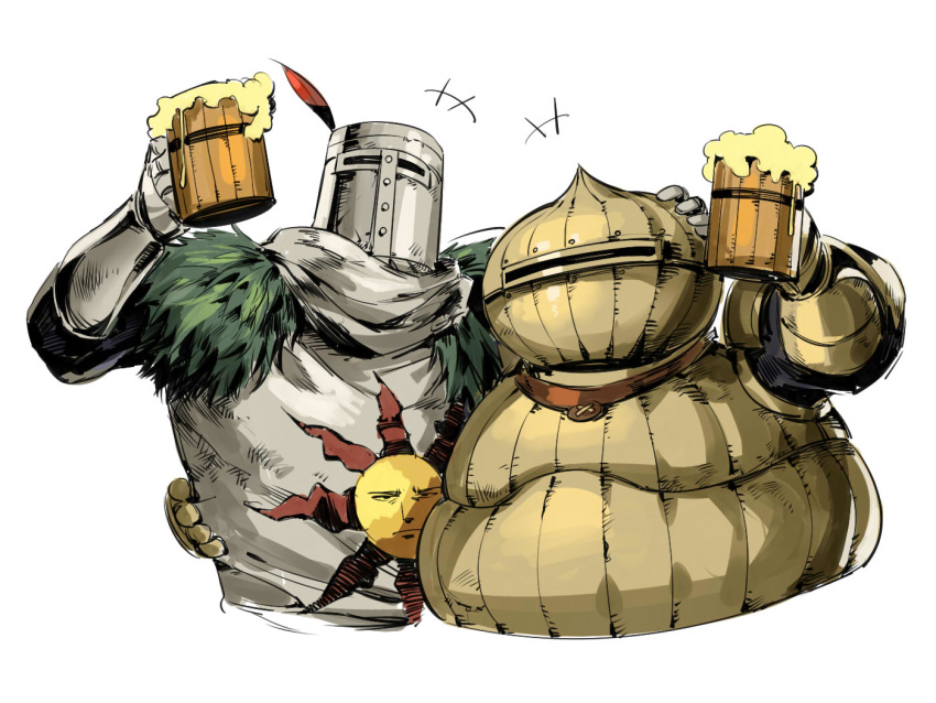 +++ 2boys alcohol arm_around_shoulder armor beer beer_mug breastplate cup dark_souls facing_viewer full_armor fur_trim gauntlets helmet holding holding_cup hug mug multiple_boys ruukii_drift siegmeyer_of_catarina simple_background solaire_of_astora souls_(from_software) tabard upper_body white_background