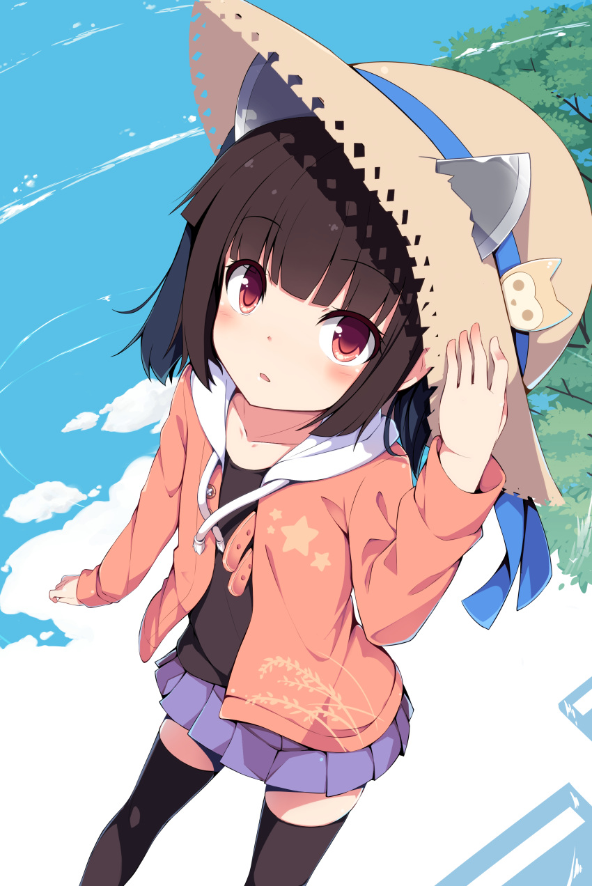 1girl absurdres bangs black_hair black_legwear black_shirt blue_ribbon blue_sky blush brown_headwear brown_jacket casual clouds commentary_request day drawstring eyebrows_visible_through_hair hand_on_headwear hand_up hat hat_ribbon headgear highres hood hood_down hooded_jacket jacket long_sleeves looking_at_viewer masaki_(machisora) open_clothes open_jacket outdoors parted_lips pleated_skirt purple_skirt red_eyes ribbon shirt skirt sky sleeves_past_wrists solo straw_hat thigh-highs touhoku_kiritan voiceroid