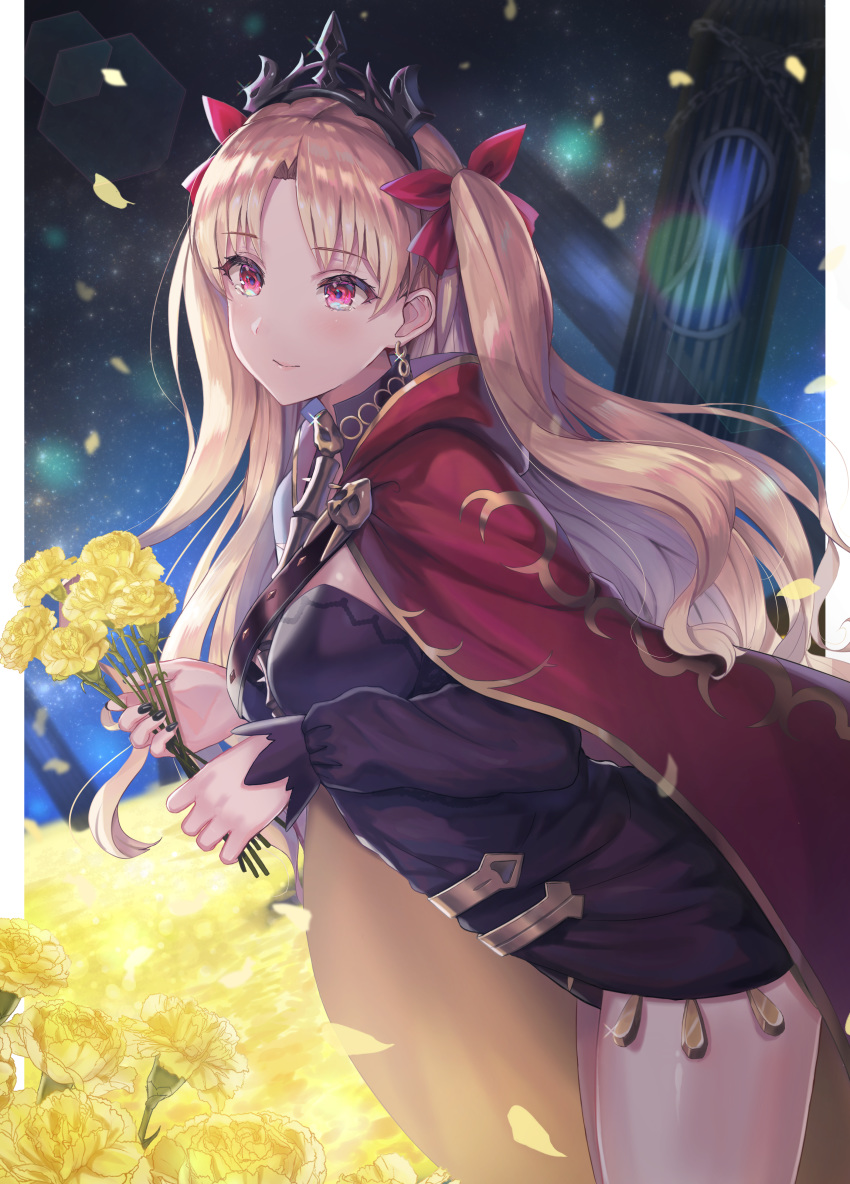 1girl absurdres blonde_hair cape closed_mouth column commentary_request earrings ereshkigal_(fate/grand_order) eyebrows_visible_through_hair fate/grand_order fate_(series) field flower flower_field hair_ribbon highres huge_filesize jewelry light_smile long_hair long_sleeves night night_sky petals pillar pink_eyes red_ribbon ribbon rose sakamuke sky solo tiara two_side_up yellow_flower yellow_rose