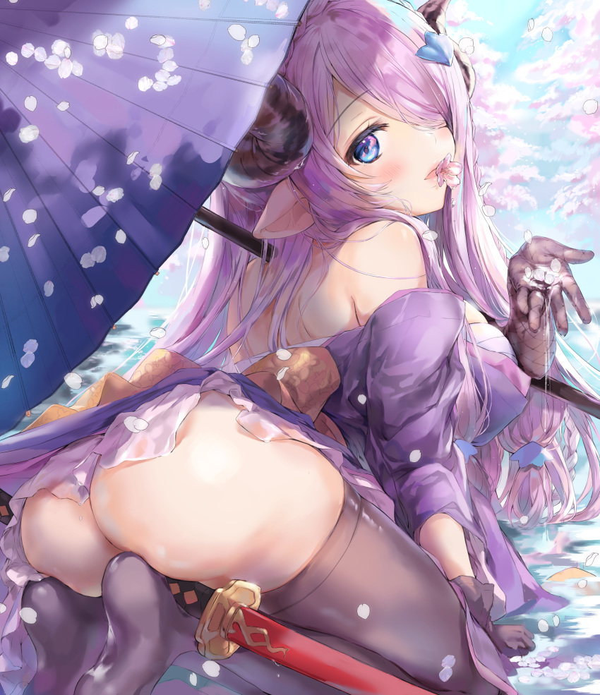 1girl absurdres ass black_legwear blue_eyes breasts cherry_blossoms draph fishnet_gloves fishnets gloves granblue_fantasy hair_ornament hair_over_one_eye highres horns japanese_clothes katana kimono large_breasts lavender_hair long_hair looking_back narmaya_(granblue_fantasy) obi ooluoul parasol petals pointy_ears sash solo sword thigh-highs umbrella very_long_hair water weapon