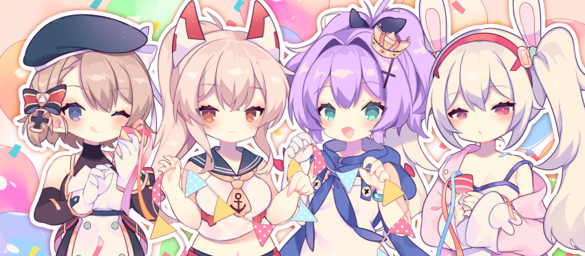 4girls :d :o ;q anchor_print animal_ears ayanami_(azur_lane) azur_lane balloon bangs bare_shoulders bear_hood beret black_ribbon blue_eyes blue_sailor_collar blush bodysuit_under_clothes bow bracelet breasts buttons camisole commentary_request confetti crop_top cross_hair_ornament crown detached_hood elbow_gloves eyebrows_visible_through_hair fake_animal_ears fang fur-trimmed_jacket fur_trim gloves green_eyes hair_between_eyes hair_bow hair_intakes hair_ornament hair_ribbon hairband hat headgear high_ponytail highres holding holding_string iron_cross jacket javelin_(azur_lane) jewelry laffey_(azur_lane) light_brown_hair long_hair long_sleeves looking_at_viewer medium_breasts midriff mini_crown multiple_girls navel neckerchief off-shoulder_jacket one_eye_closed open_clothes open_jacket open_mouth orange_eyes outline party_popper peroppafu pink_background pink_jacket platinum_blonde_hair ponytail purple_hair rabbit_ears red_eyes red_hairband ribbon sailor_collar shirt short_hair sidelocks single_glove skin_fang sleeveless sleeveless_shirt smile strap_slip string_of_flags striped striped_bow tilted_headwear tongue tongue_out twintails upper_body very_long_hair white_camisole white_gloves white_hair white_shirt yellow_neckwear z23_(azur_lane)