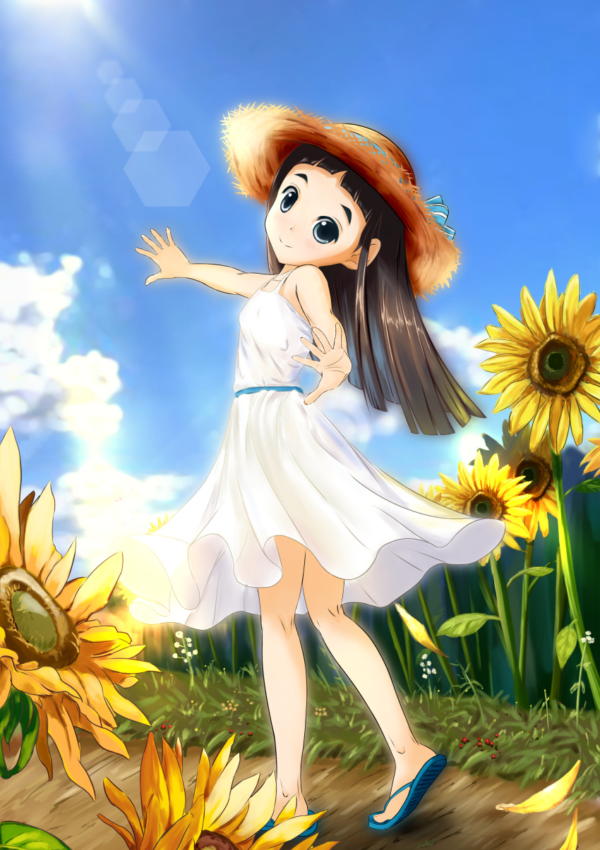 1girl absurdres black_hair blue_footwear child chinese_commentary clouds commentary_request day dress flower full_body goto_hime grass hand_up hat heizeliuahua highres huge_filesize kakushigoto lens_flare looking_at_viewer outdoors sandals solo standing straw_hat sunflower white_dress