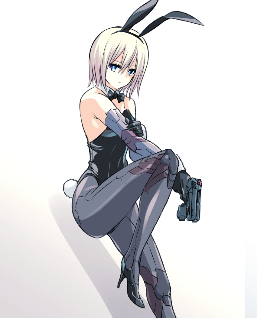 1girl absurdres animal_ears bare_shoulders black_footwear black_gloves blonde_hair blue_eyes bow bowtie breasts bunny_tail bunnysuit detached_collar dutch_angle expressionless from_side gloves gun hair_between_eyes handgun high_heels highres ishiyumi looking_at_viewer medium_breasts original pantyhose pistol rabbit_ears tail weapon white_background