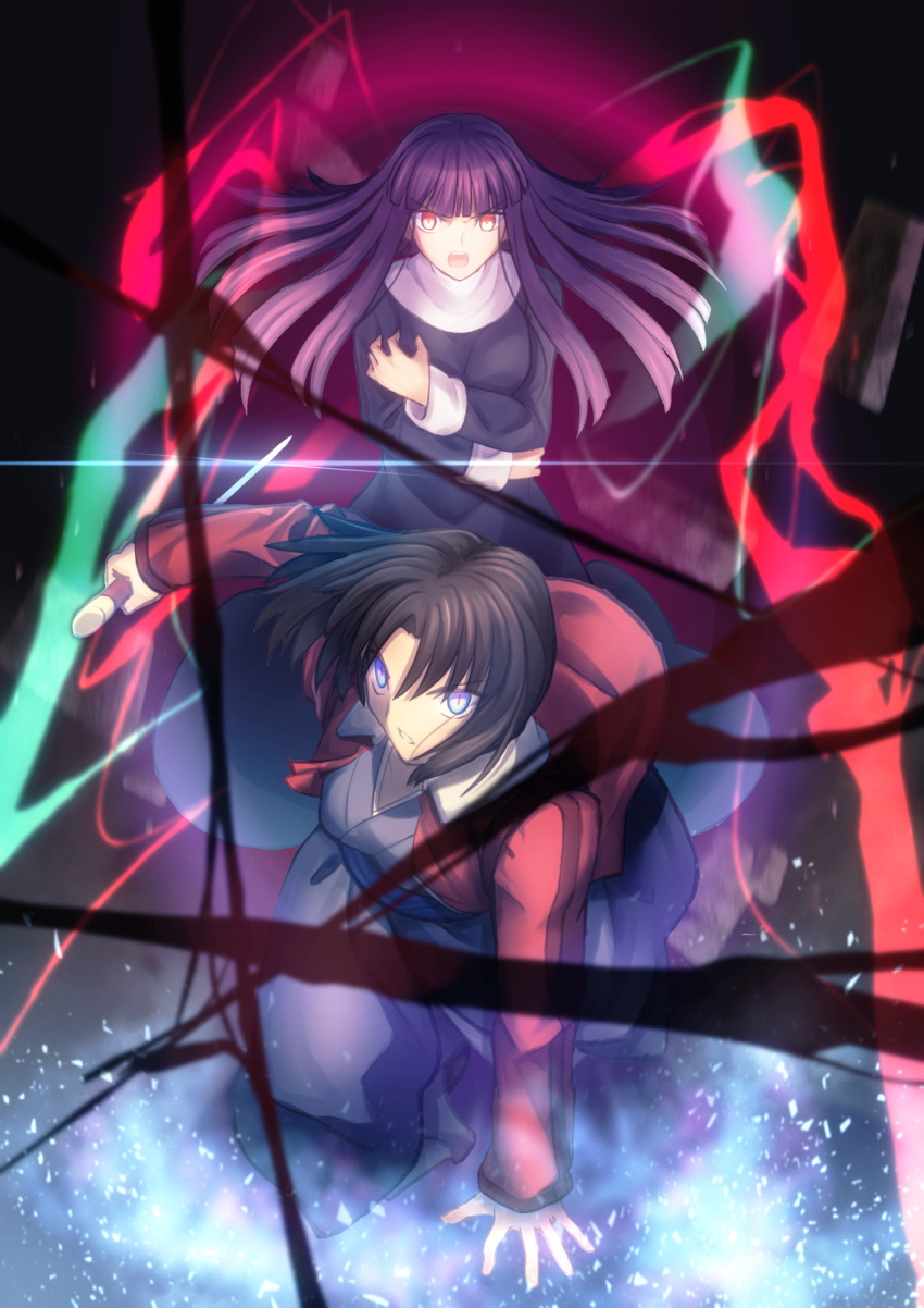 2girls asagami_fujino black_hair blue_eyes dress energy highres jacket japanese_clothes kara_no_kyoukai kimono knife lines_of_death long_hair migiha multiple_girls purple_hair red_eyes red_jacket reverse_grip ryougi_shiki