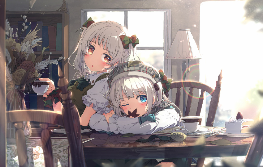 2girls :o absurdres arm_support backlighting blue_eyes bow cake chair covering_mouth cup eyebrows_visible_through_hair fanbox_reward flower food fork frilled_sleeves frills green_neckwear hair_bow highres holding holding_cup huge_filesize indoors lamp leaf lens_flare looking_at_viewer multiple_girls ogipote on_chair one_eye_closed original paid_reward parted_lips plaid_hat plate puffy_short_sleeves puffy_sleeves reflection rose short_hair short_sleeves short_twintails sitting slice_of_cake sweater_vest teacup twintails vase white_headwear wooden_chair wooden_table