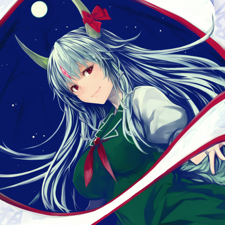 1girl absurdres bangs bow breasts brooch commentary_request dress dutch_angle ex-keine full_moon green_dress green_hair highres horn_bow horns jewelry kamishirasawa_keine large_breasts long_hair looking_at_viewer moon neckerchief night night_sky outdoors pinafore_dress puffy_short_sleeves puffy_sleeves red_bow red_eyes red_neckwear scroll shirt short_sleeves sky smile solidstatesurvivor solo star_(sky) starry_sky touhou upper_body white_shirt