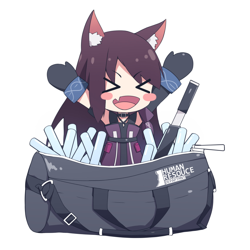 &gt;_&lt; 1girl :d absurdres aiee animal_ear_fluff animal_ears arknights arms_up bag cat_ears chibi choker duffel_bag gloves highres long_hair melantha_(arknights) open_mouth redhead smile sword weapon xd