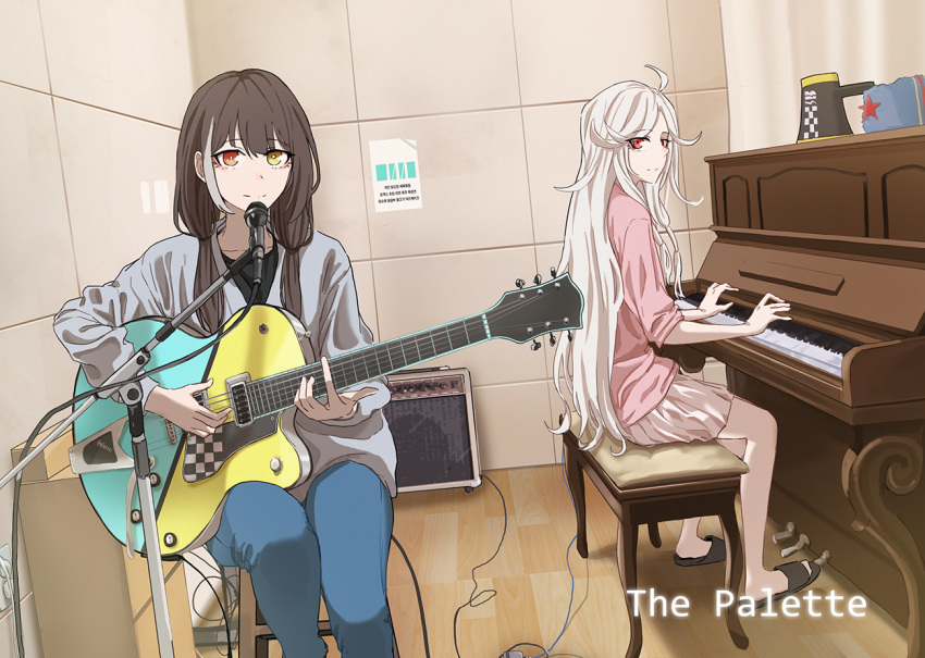 2girls ahoge black_hair electric_guitar english_text girls_frontline guitar heterochromia instrument long_hair makarov_(girls_frontline) megaphone microphone microphone_stand mmm_(ji1945) multiple_girls piano ro635_(girls_frontline) studio white_hair