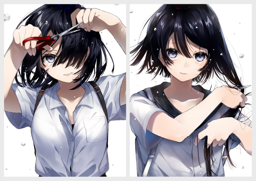 2girls absurdres arms_up backpack bag black_hair black_sailor_collar blue_eyes border breast_pocket buttons closed_mouth collarbone collared_shirt commentary cutting_hair dress_shirt earrings fingernails grey_border hair_over_one_eye highres holding jewelry lips long_hair looking_at_viewer multiple_girls original pale_skin pocket sailor_collar school_uniform scissors serafuku severed_hair shirt short_hair short_sleeves simple_background sogawa suspenders tearing_up tears uniform upper_body white_background wing_collar