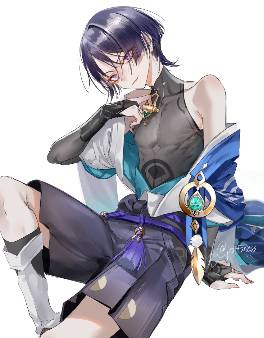 1boy absurdres anemo_symbol_(genshin_impact) black_shorts black_unitard blue_hair closed_mouth genshin_impact highres jewelry knee_up long_sleeves looking_at_viewer off_shoulder pottsness ring scaramouche_(genshin_impact) short_hair shorts simple_background sitting smile solo violet_eyes wanderer_(genshin_impact) white_background