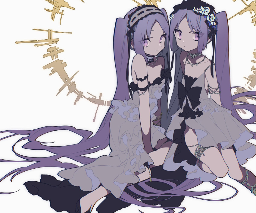 2girls bare_shoulders breasts dress euryale fate/hollow_ataraxia fate_(series) frilled_hairband frills hairband halo headdress highres long_hair looking_at_viewer mochizuki_kei multiple_girls purple_hair siblings simple_background sisters small_breasts smile stheno twins twintails violet_eyes white_background white_dress