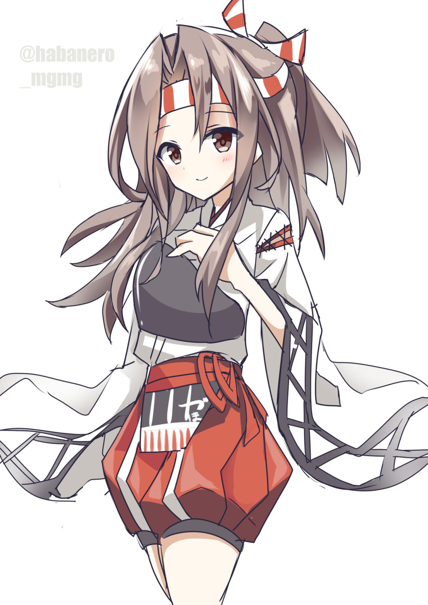 1girl cowboy_shot fathom hachimaki hakama hakama_pants headband high_ponytail highres japanese_clothes kantai_collection light_brown_hair long_hair looking_at_viewer muneate pants ponytail red_hakama red_pants simple_background smile solo standing twitter_username white_background zuihou_(kantai_collection)