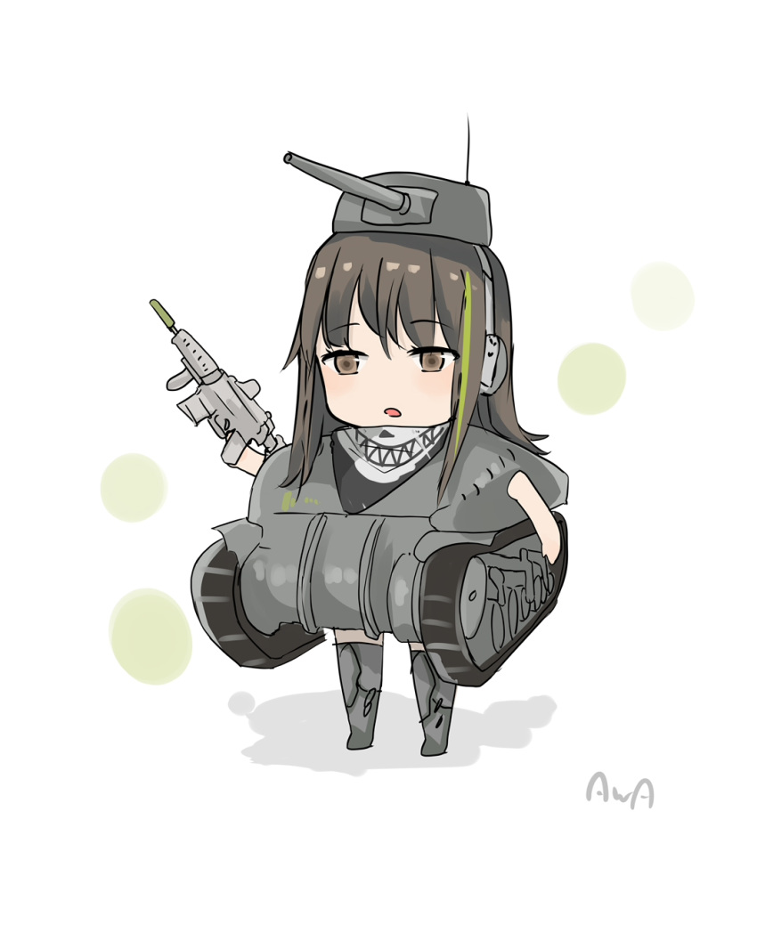 1girl assault_rifle brown_eyes brown_hair chibi cosplay full_body girls_frontline ground_vehicle gun headset highres holding holding_weapon long_hair m4_carbine m4_sherman m4a1_(girls_frontline) military military_vehicle motor_vehicle multicolored_hair namesake open_mouth rifle rotalasp scarf signature solo streaked_hair tank thigh-highs turret weapon white_background