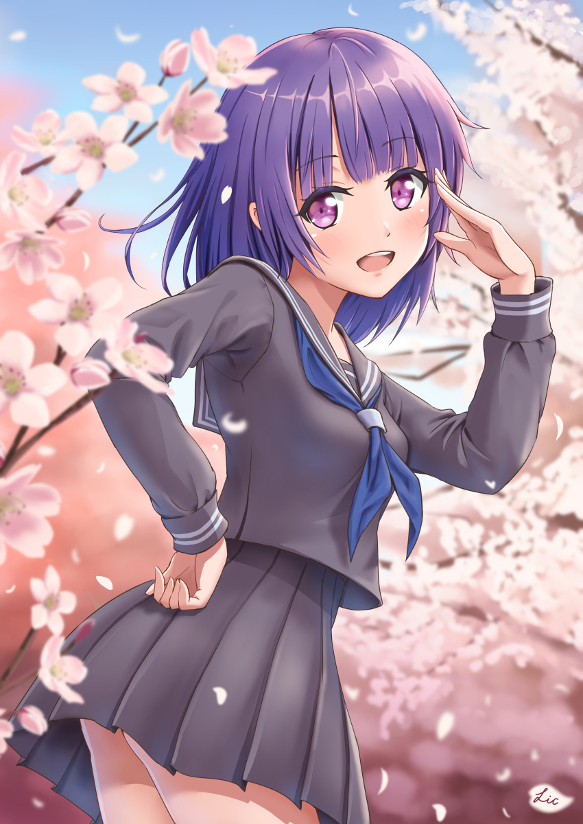 1girl absurdres ass bangs black_skirt blue_hair blurry blurry_background breasts cherry_blossoms commentary_request day eyebrows_visible_through_hair highres long_hair long_sleeves looking_at_viewer open_mouth original outdoors pleated_skirt rikku_(licloud28) school_uniform serafuku skirt small_breasts smile solo upper_teeth violet_eyes