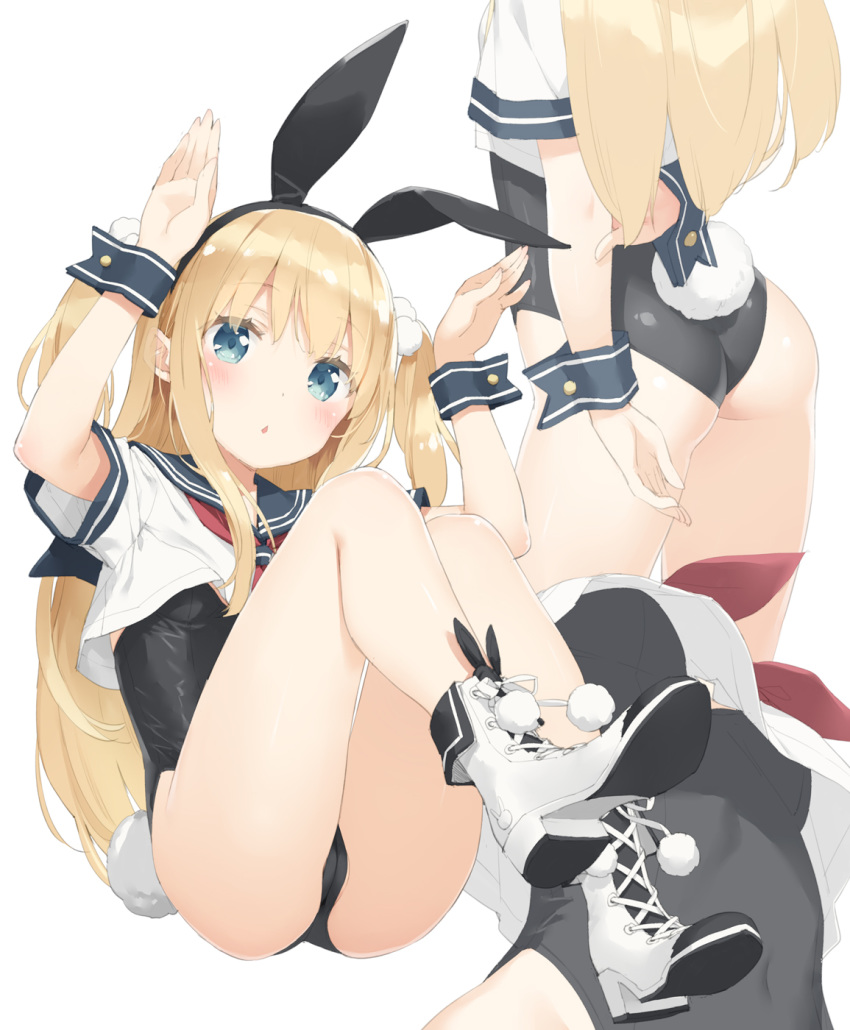 1girl animal_ears arms_behind_back ass bangs black_leotard blonde_hair blue_eyes blush boots bunny_girl bunny_tail bunnysuit character_request copyright_request eyebrows_visible_through_hair fake_animal_ears fake_tail fanbox_reward highres leotard long_hair looking_at_viewer multiple_views open_mouth paid_reward peko rabbit_ears sailor_collar short_sleeves sitting solo standing tail thighs two_side_up wrist_cuffs