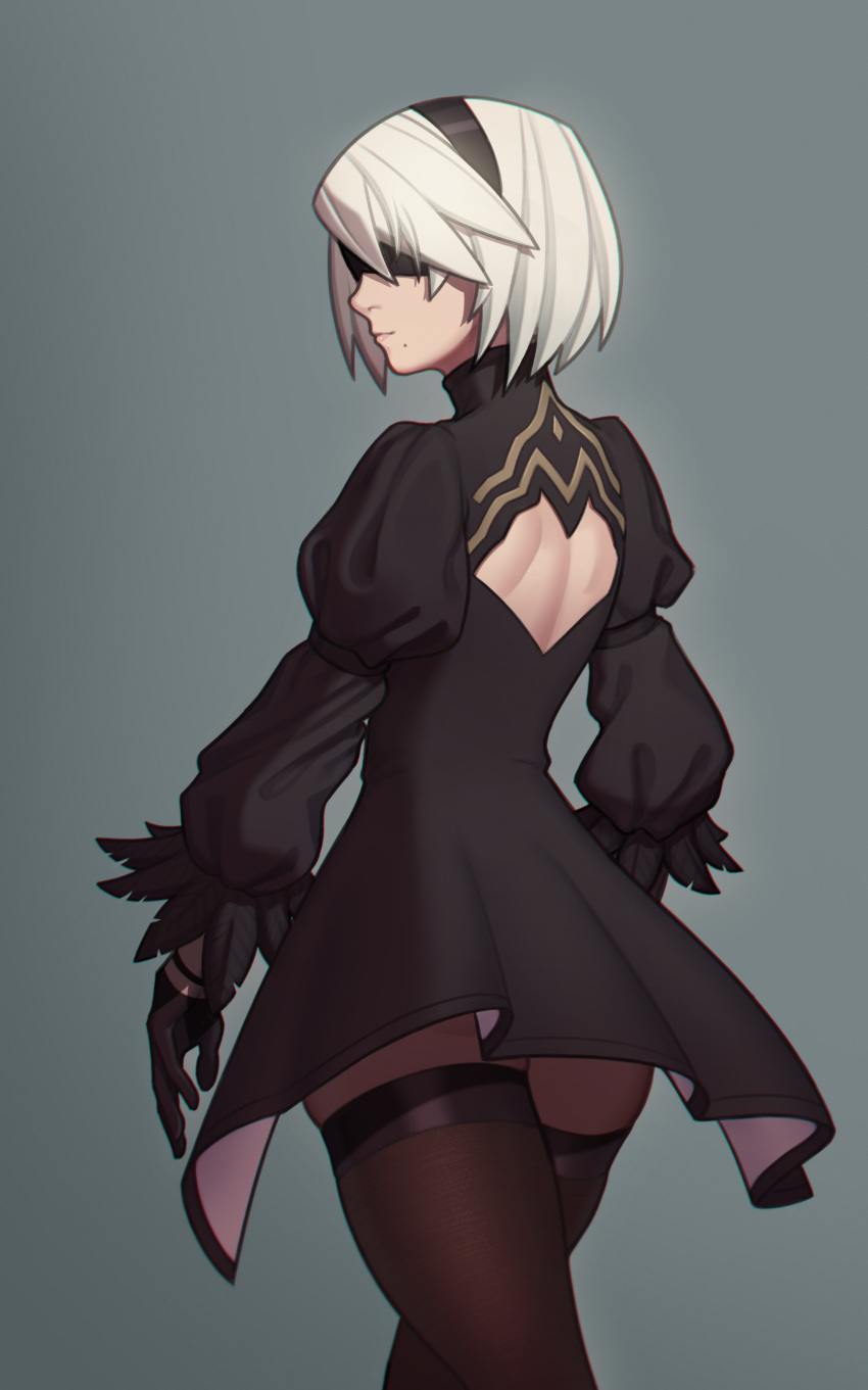 1girl absurdres back_cutout black_blindfold black_dress black_gloves black_hairband black_legwear blindfold boots clothing_cutout covered_eyes dress feather-trimmed_sleeves fellming gloves grey_hair hairband highres juliet_sleeves long_sleeves mole mole_under_mouth nier_(series) nier_automata no_bra nose puffy_sleeves short_hair solo thick_thighs thigh-highs thigh_boots thighhighs_under_boots thighs walking_away yorha_no._2_type_b