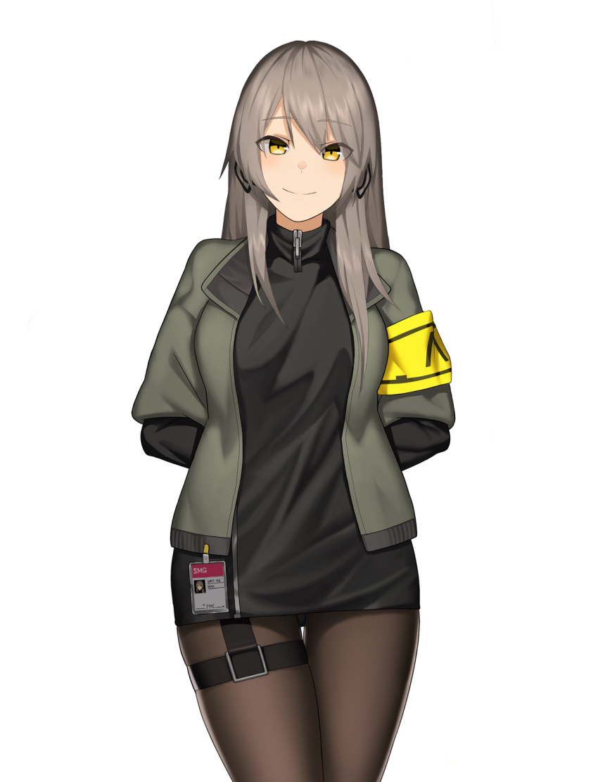 1girl arms_behind_back bangs black_ribbon black_shirt breasts cero_(last2stage) german_flag girls_frontline green_jacket grey_hair gun hair_ribbon highres id_card jacket large_breasts long_hair long_sleeves looking_at_viewer magazine_(weapon) military open_clothes open_jacket pantyhose radio ribbon shirt simple_background smile solo submachine_gun suppressor ump40_(girls_frontline) weapon white_background yellow_eyes