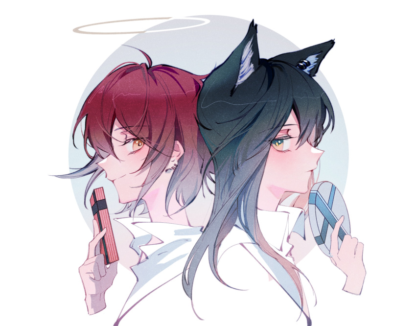 2girls animal_ear_fluff animal_ears arknights back-to-back bangs black_hair blush box brown_hair closed_mouth collar collared_shirt ershisi exusiai_(arknights) eyebrows_visible_through_hair eyes_visible_through_hair from_side grey_background hair_between_eyes halo holding holding_box long_hair looking_at_another multiple_girls shirt simple_background smile texas_(arknights) upper_body white_background white_shirt wolf_ears yellow_eyes yuri