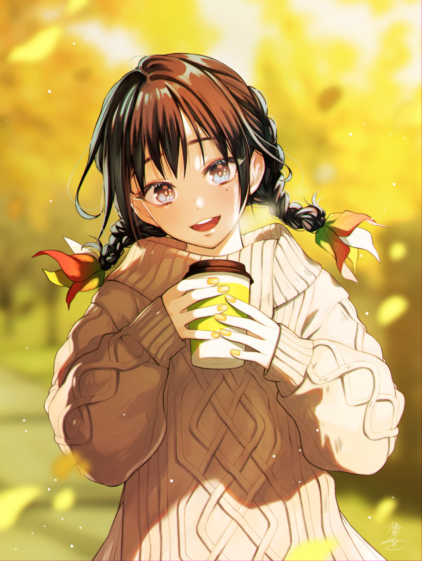 1girl :d bangs braid brown_hair cable_knit coffee coffee_cup cup disposable_cup fingernails fingers flower hair_flower hair_ornament highres holding holding_cup long_sleeves looking_at_viewer mole mole_under_eye nail_polish okeno_kamoku open_mouth original short_hair signature smile solo sweater twin_braids upper_body yellow_background yellow_nails