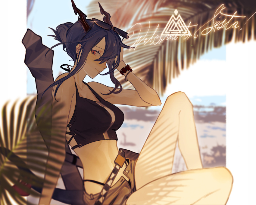 1girl absurdres arknights arm_up bikini black_bikini blue_hair blurry bracelet breasts ch'en_(arknights) depth_of_field eyewear_on_head from_side hair_between_eyes hair_bun highres horns jewelry medium_breasts navel open_fly open_pants outdoors red_eyes short_shorts shorts sitting solo sunglasses swimsuit tail ting_(machi_nakahara)