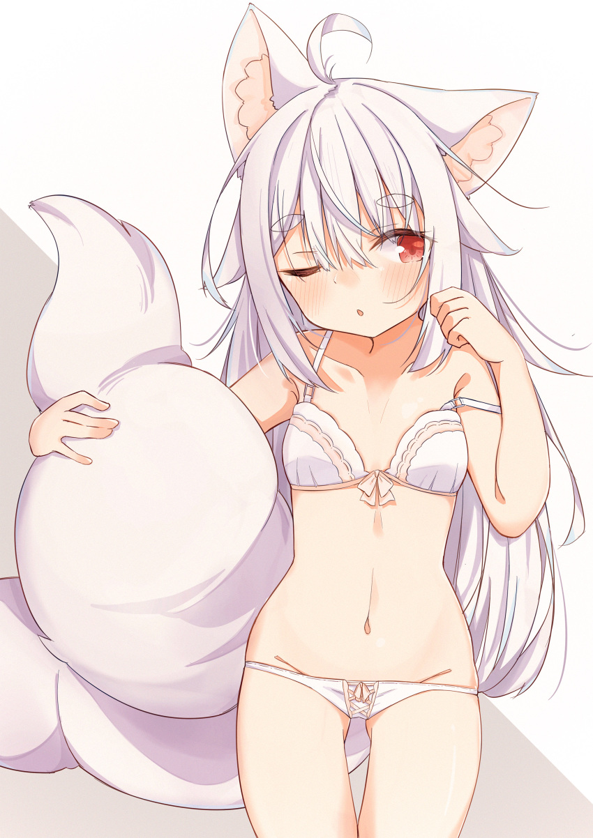 1girl absurdres animal_ear_fluff animal_ears ass_visible_through_thighs bangs blush bow bow_bra bow_panties bra breasts collarbone commentary_request eyebrows_visible_through_hair fox_ears fox_girl fox_tail grey_background groin hair_between_eyes hands_up highres long_hair minato_yu0 navel one_eye_closed original panties parted_lips red_eyes short_eyebrows silver_hair small_breasts solo strap_slip tail thick_eyebrows two-tone_background underwear very_long_hair white_background white_bra white_panties