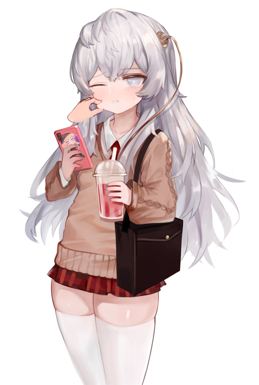 1girl aran_sweater bag bangs blue_eyes blush brown_sweater cellphone cheek_pinching clenched_teeth collared_shirt cup disembodied_limb disposable_cup dokomon drink drinking_straw eyebrows_visible_through_hair girls_frontline grey_hair grey_nails hair_between_eyes hair_ornament highres holding holding_cup holding_phone long_hair long_sleeves miniskirt nail_polish necktie one_eye_closed phone pinching pleated_skirt red_neckwear red_skirt ribeyrolles_1918_(girls_frontline) shirt shoulder_bag simple_background skindentation skirt sleeves_past_wrists solo_focus sweat sweater tears teeth thigh-highs very_long_hair white_background white_legwear white_shirt