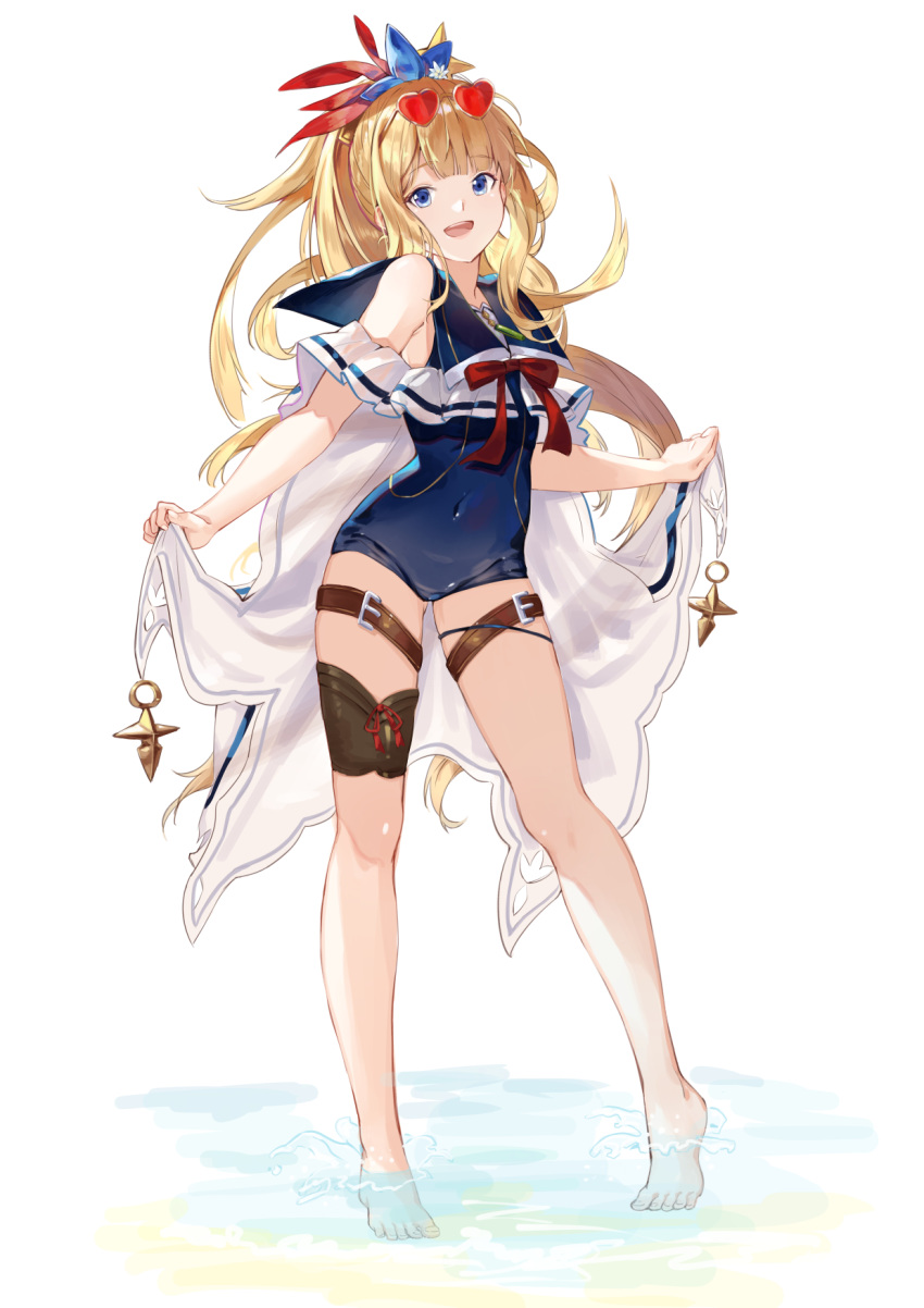 1girl bangs bare_shoulders barefoot blue_swimsuit bow bowtie commentary_request covered_navel eyebrows_visible_through_hair eyewear_on_head fingernails full_body hair_ornament highres holding long_hair one-piece_swimsuit open_mouth original sailor_collar school_uniform shijiuqaq shiny shiny_clothes shiny_hair sidelocks simple_background sleeveless standing sunglasses swimsuit thigh_strap thighs toes wading water_drop white_background