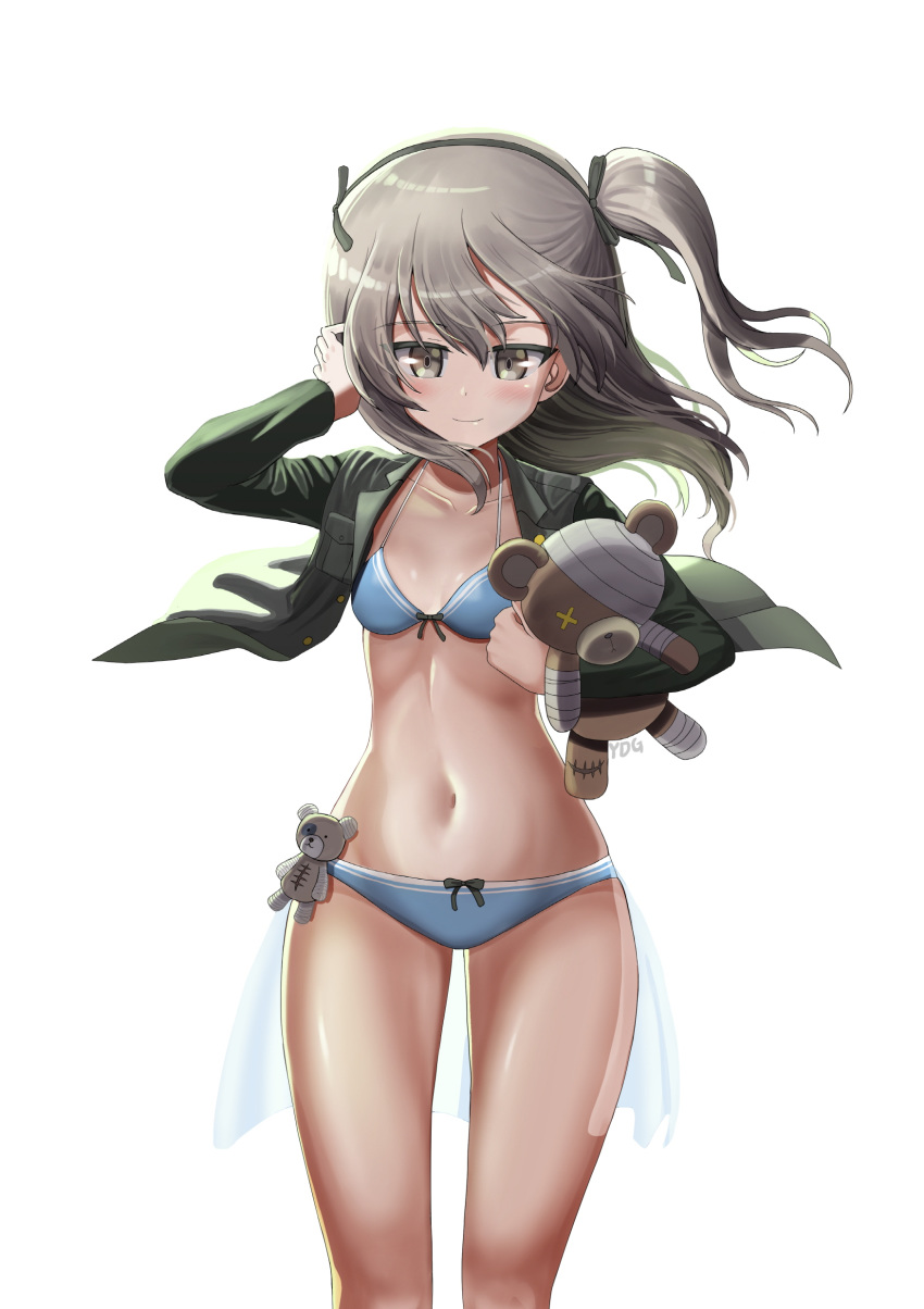 1girl absurdres artist_name bandages bangs bikini black_jacket black_ribbon blue_bikini boko_(girls_und_panzer) bow bow_bikini breasts closed_mouth commentary_request girls_und_panzer hair_ribbon hand_on_own_head highres holding holding_stuffed_animal jacket light_brown_eyes light_brown_hair long_hair long_sleeves looking_at_viewer no_pants one_side_up open_clothes open_jacket ribbon selection_university_military_uniform shimada_arisu signature simple_background skindentation small_breasts smile solo standing stuffed_animal stuffed_toy swimsuit teddy_bear white_background wind ydg_(eorbsaos1004)