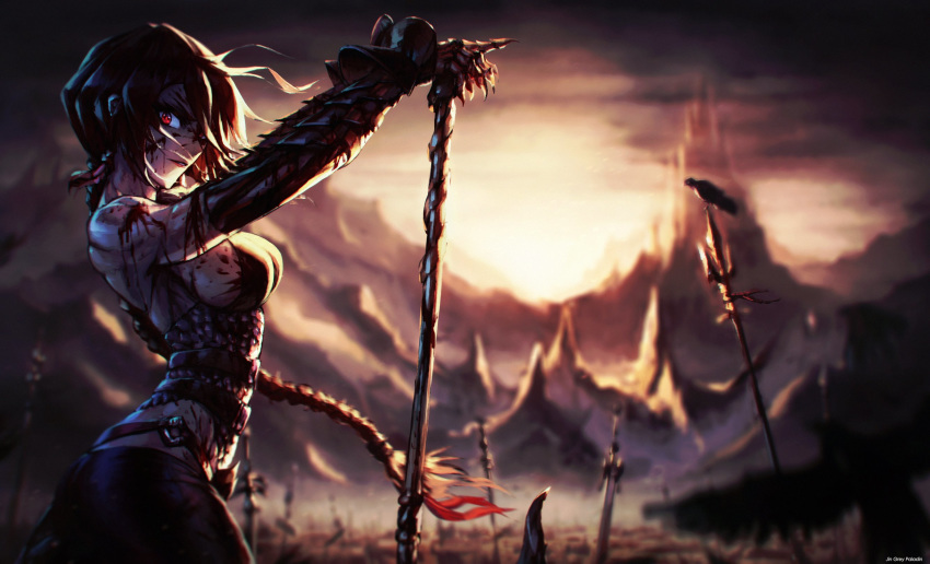 1girl armor battlefield bird black_hair blood blood_on_face blood_splatter blurry braid breasts commentary crow daedra_embergale depth_of_field english_commentary field_of_blades gauntlets highres large_breasts long_braid long_hair looking_at_viewer mountainous_horizon o-ring original outdoors planted_weapon red_eyes scar sideboob single_braid skirt slender_waist solo twilight weapon xray_dreads