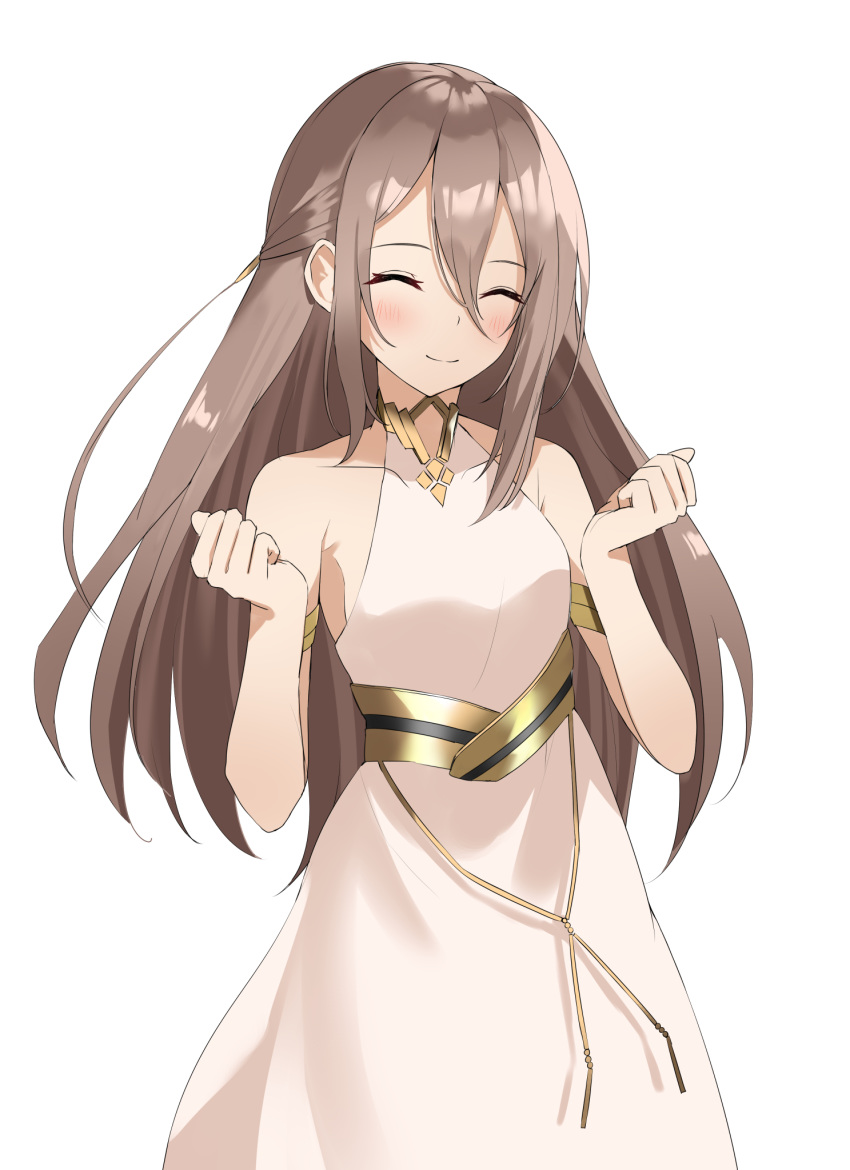 1girl adele_(fate) armlet bare_shoulders blush breasts brown_hair closed_eyes closed_mouth collarbone commentary dress fate/grand_order fate_(series) hair_between_eyes highres long_hair medium_breasts simple_background smile solo tsukise_miwa white_background white_dress