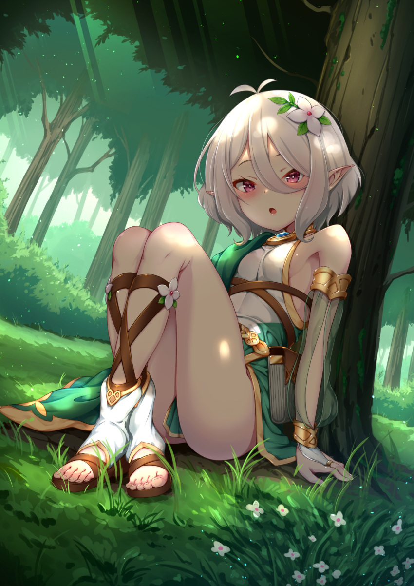 1girl antenna_hair bangs bare_shoulders blush breasts bridal_gauntlets brown_footwear commentary_request crossed_legs day detached_sleeves dress eyebrows_visible_through_hair flower forest full_body grass green_sleeves hair_between_eyes hair_flower hair_ornament highres knees_up kokkoro_(princess_connect!) long_sleeves looking_at_viewer nature on_grass on_ground open_mouth outdoors parted_lips pointy_ears princess_connect! princess_connect!_re:dive puffy_long_sleeves puffy_sleeves red_eyes sandals see-through see-through_sleeves short_hair sideboob silver_hair sitting sleeveless sleeveless_dress small_breasts solo sunlight toes tree white_dress white_flower yaosera
