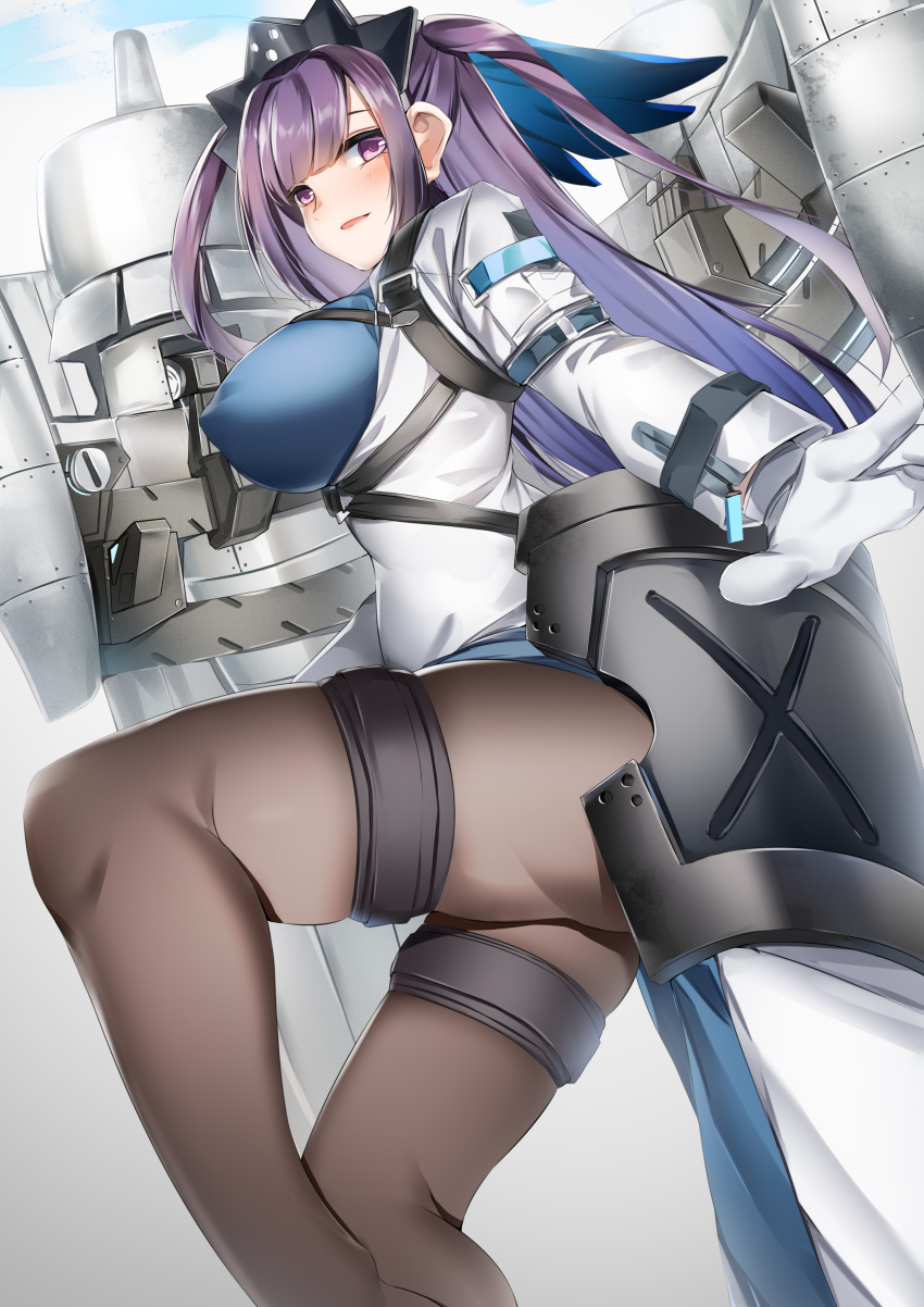 1girl absurdres ash_arms b-24_liberator black_legwear blush bodysuit bow breasts crown dress gloves hair_bow hair_ribbon highres large_breasts long_hair looking_at_viewer lubikaya1 open_mouth purple_hair ribbon smile solo strap strapless strapless_dress tagme thigh-highs violet_eyes white_gloves