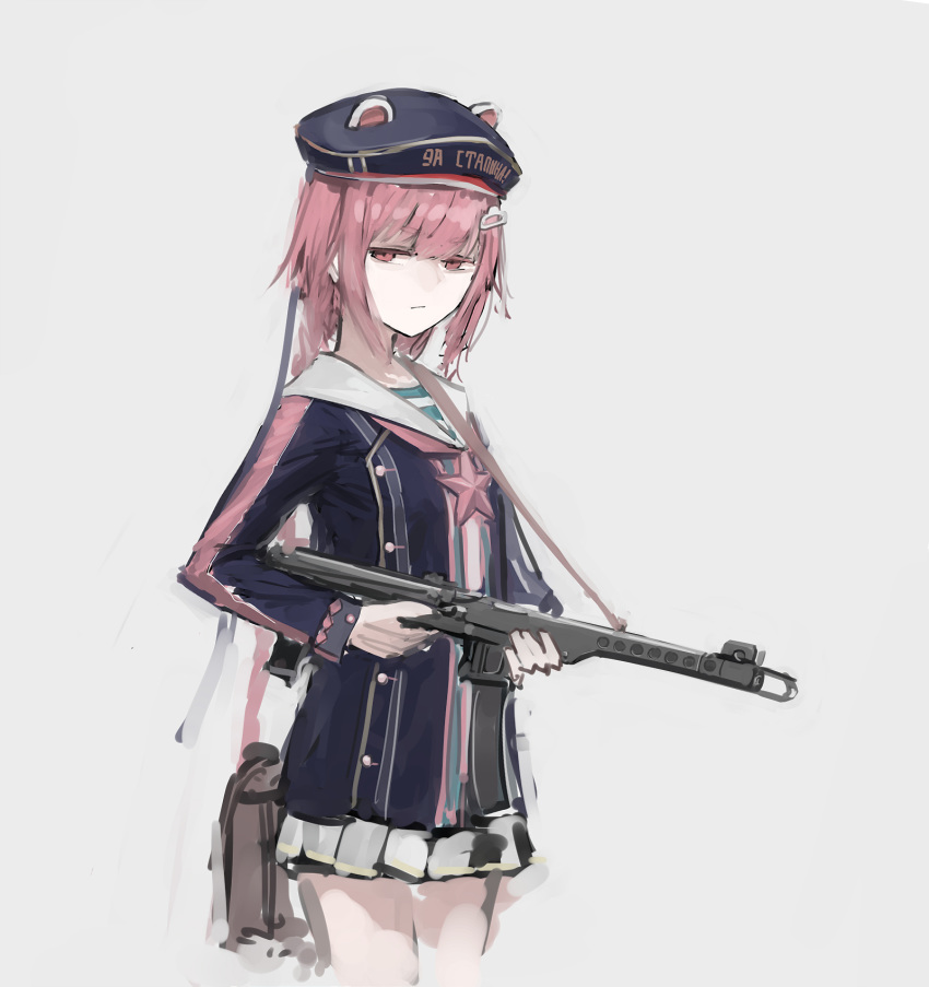 1girl animal_ears bangs braid closed_mouth ears girls_frontline gloves grey_background grey_skirt gun hair_ornament hairclip hat highres holding holding_gun holding_weapon jacket long_hair long_sleeves looking_at_viewer pink_hair pps-43 pps-43_(girls_frontline) rampart1028 red_eyes red_star sailor shirt sidelocks simple_background skirt solo standing star submachine_gun uniform weapon white_gloves