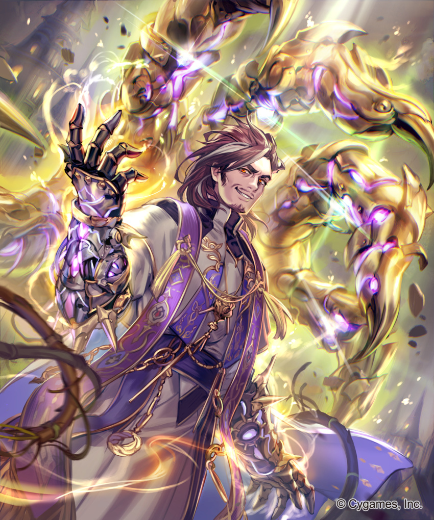 1boy brown_hair facial_hair floating floating_object gauntlets glowing grey_hair highres jewelry lee_hyeseung male_focus multicolored_hair necklace official_art priest red_eyes robe sash shadowverse smile solo streaked_hair